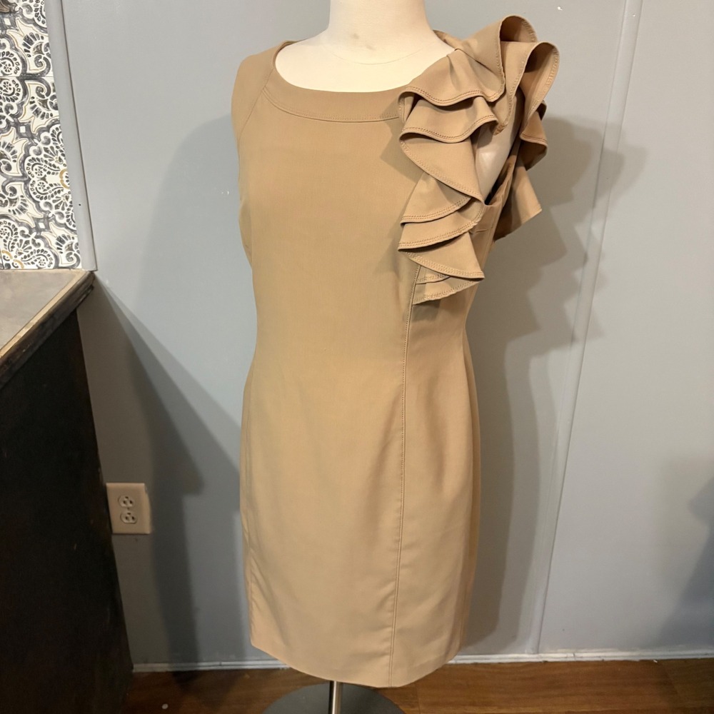 Calvin Klein Sleeveless Tan Sheath Dress Shoulder Ruffle Cocktail (Women's 12)